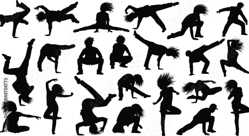Breakdance and Hip Hop Dancer Silhouette Vector Collection: Set of Energetic Male and Female Figures Performing Dynamic Street Stunts and Moves