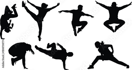 Hip Hop and Breakdance Dancer Silhouette Vector Set: Dynamic Poses of People Jumping, Spinning, and Performing Stunts for Street Dance Culture Graphics