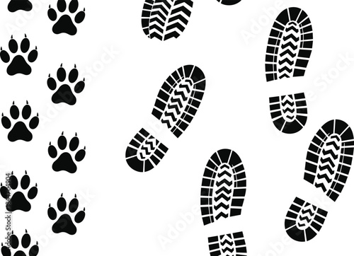 Seamless Paw Prints and Shoe Tread Mark Silhouette Vector Pattern: Repeating Textures for Pet, Hiking, Outdoor, and Investigative Background Design