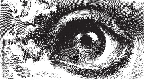 Eye vector illustration featuring detailed black and white lines. Unique graphic design with abstract elements and cloud patterns in a vintage style.