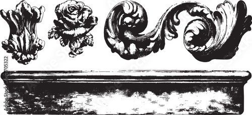 Decorative vintage ornament set with elegant details and floral designs. Intricate carvings shown as a vector illustration.