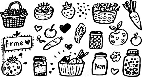Food illustration featuring a set of hand-drawn fruits and vegetables in black and white. Simple vector design suitable for various uses.