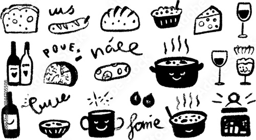 Food vector illustration featuring a pot and various ingredients in a hand-drawn style. This set represents a cooking atmosphere with cheerful elements.