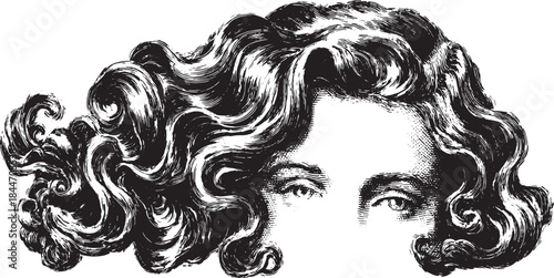 Stylized hair waves with detailed texture in a classic design. The black and white vector illustration showcases an elegant hairstyle set.