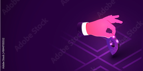 Location pin on hand isometric purple color vector illustration
