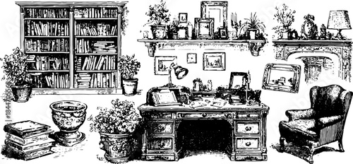 Engraving of a vintage interior set featuring a desk, books, and plants. This black outline vector illustration highlights home decor details.