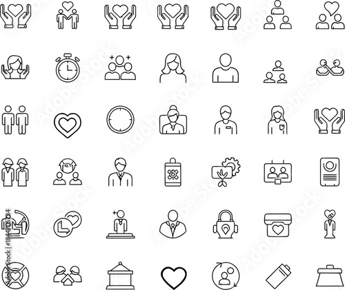 A collection of black and white line representing various social and community concepts including hearts, people, hands, and different