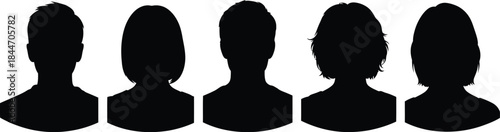 Five diverse black silhouettes representing different people profiles