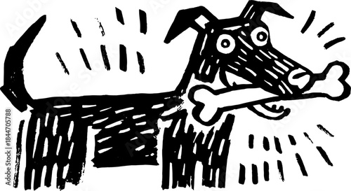 Cartoon dog with a bone, illustrated in a simple black style. Playful and friendly vector illustration.