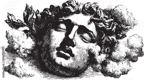 Surreal head vector illustration with a vintage engraving style. This monochrome art features clouds and detailed elements, creating a calm ambiance.