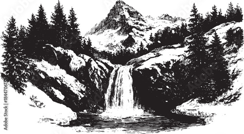 Frozen waterfall in black and white. Vintage vector illustration of a mountainous landscape with detailed trees and scenery, showcasing nature's beauty.