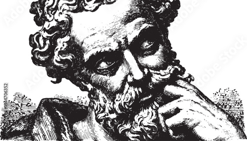 Philosopher bust illustration in black and white. Classic artwork vector with thoughtful expression and character details in a vintage style.