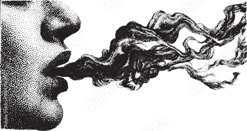 Woman silhouette breathing smoke. Black and white dot vector illustration showcasing abstract waves and smooth patterns.