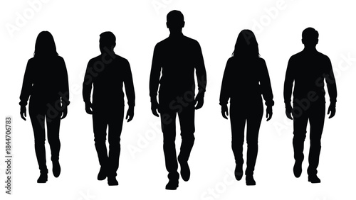 A group of five people standing together in a dark stark silhouette