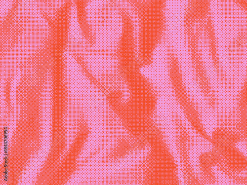 Dither effect pink background. Abstract wavy halftone background with red dots. Dither grain gradient pattern in retro bitmap style. Vector illustration.