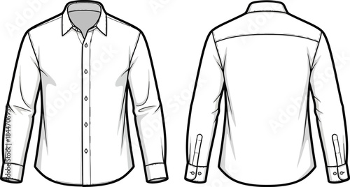 Minimalist cad style long sleeve men s dress shirt vector set front and back view technical drawing apparel design fashion sketch isolated on transparent background