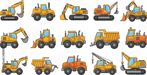 Construction vehicles set excavator dump truck crane loader bulldozer backhoe isolated on transparent background