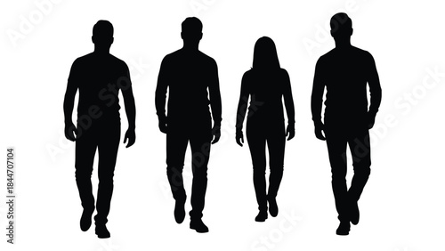 Four people walking forward a diverse group depicted in dark contrast a striking silhouette