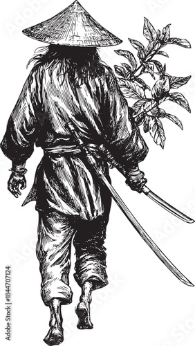 Swordsman in traditional clothing holding a sword and leaves. A detailed vector illustration showcasing a martial artist character with strong cultural elements.
