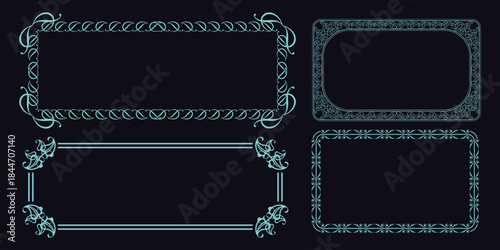 Collection of four ornate blue neon frames with intricate patterns on a dark background