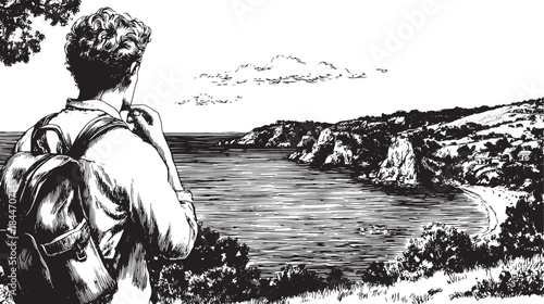 Man with backpack viewing a tranquil landscape. Black and white vector illustration of a coastal bay with cliffs and waves.