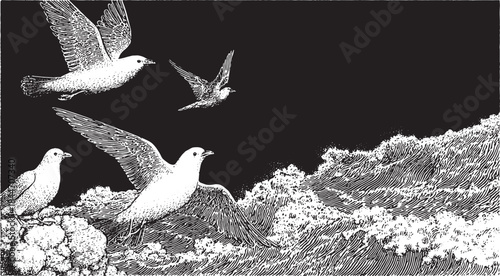 Birds flying over ocean waves in a black and white vector illustration. Stylized wildlife captures the essence of nature in a seascape.