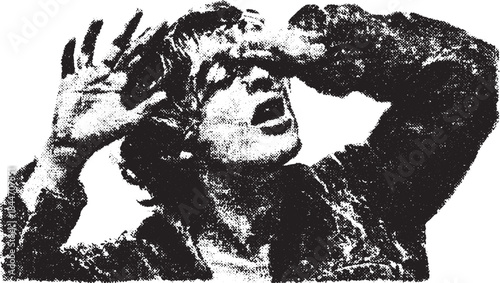 Person in a dramatic expression showcasing stress with hands raised. Black and white vector illustration capturing emotional reaction.
