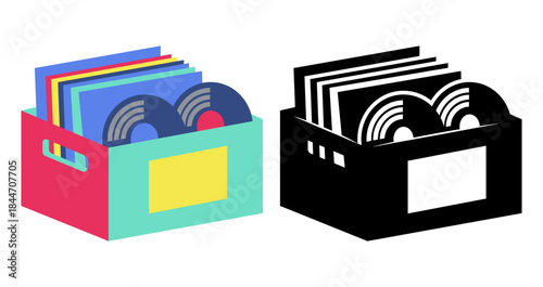 Vinyl records collection in colorful storage box, a nostalgic music experience, vector illustration for retro vibes, classic sound, and vintage aesthetics, musical treasure