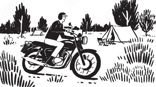 Motorcycle rider traveling through scenic outdoors. Set in black and white vector illustration style.