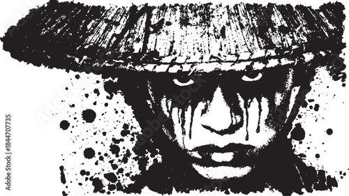 Black and white face illustration with dramatic ink texture and splatter effects. Monochrome vector artwork conveying a mysterious and intense expression.