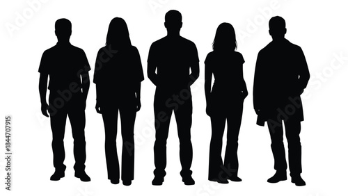 A group of five people standing closely together presented in a dark outline silhouette