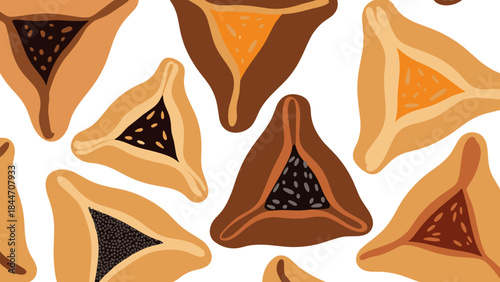 Seamless pattern of Hamantaschen cookies for Purim holiday background and festive packaging design