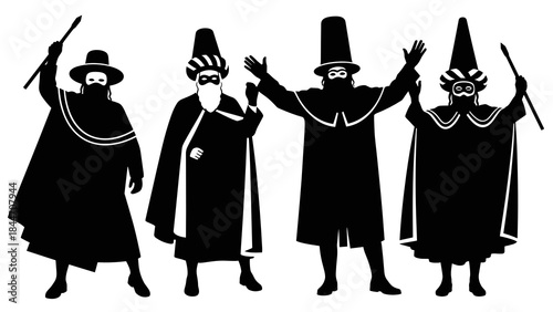 Purim carnival costume characters silhouettes for Jewish holiday icons and theatrical festival design