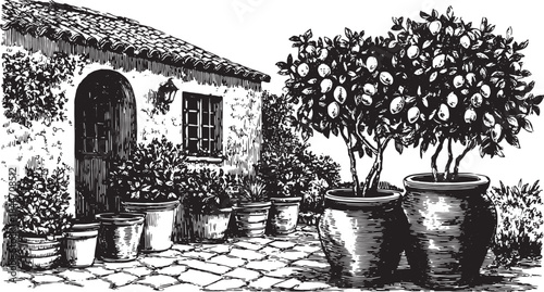Farmhouse courtyard with clay pots and lemon trees. Detailed vector illustration set against a stone wall, showcasing a rustic outdoor scene.
