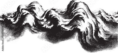 Ocean waves in black and white vector illustration. Abstract art emphasizing texture and movement, creating a dynamic visual impact.