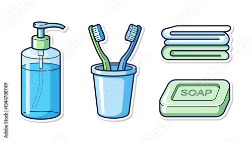 Bathroom essentials including soap bottle and toothbrushes on white background