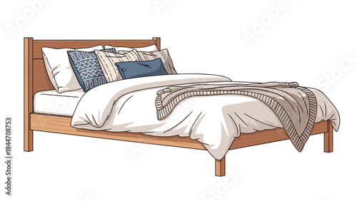Cozy wooden bed with white bedding and decorative pillows