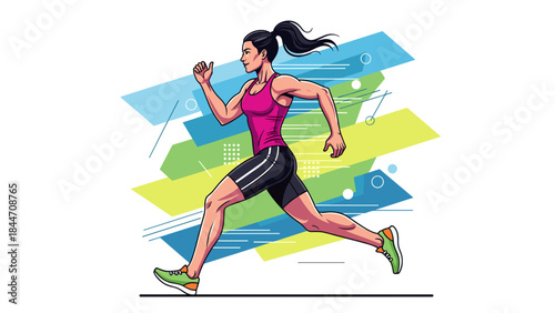 Woman running in motion with colorful abstract background