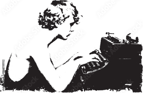 Vintage typewriter illustration featuring a woman typing. Black and white vector graphic set capturing the essence of classic writing professions.