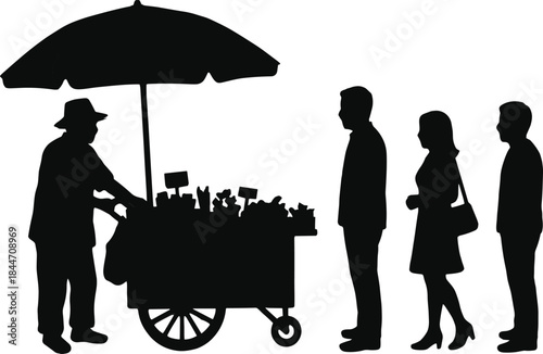 Street, vendor, silhouettes, food, cart, customers, queue, urban, lifestyle, street, food, market, people, buying, selling, business, city, culture, concept, outdoor