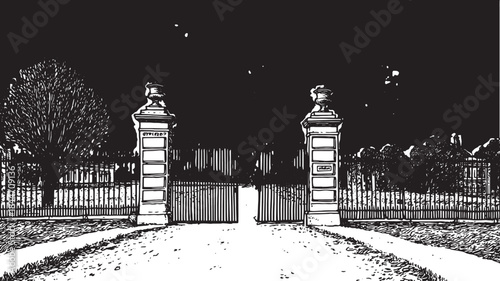 Gate entrance with a vintage fence and trees. Simple lineart set in black and white, perfect for architectural vector illustration.