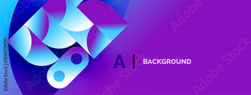 Abstract vibrant design. Gradient shapes overlap, creating dynamic visual effect. Purple background complements blue elements. Modern aesthetic.