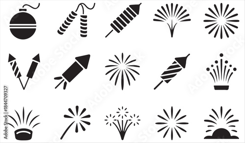 Black fireworks and firecracker icon set for celebration themes