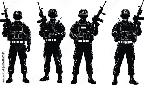 Armed Soldiers Silhouettes Set of Military Personnel Holding Rifles Tactical Gear Security Force Black Vector Illustration Isolated White Background