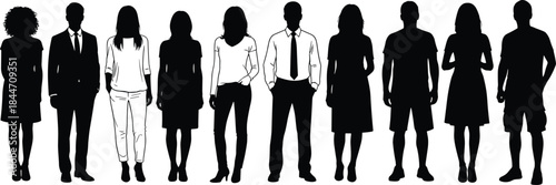 Business People Silhouettes Standing Row of Men and Women in Formal and Casual Office Wear Corporate Vector Illustration