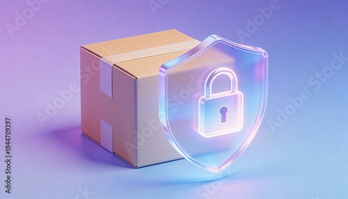 Parcel wrapped in translucent digital glass shield with padlock icon secure shipping concept glassmorphism style
