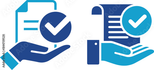 Two hands holding documents with checkmarks symbolizing approval and verification