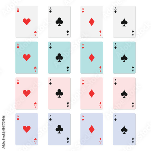 Colorful playing cards showing heart, diamond, club, and spade suits. Modern card set features pastel backgrounds with classic ace symbols. Ideal for casino themes, poker designs, and game illustratio
