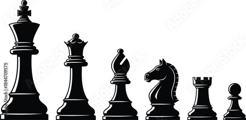 Elegant Chess Pieces Silhouettes Set Featuring King Queen Bishop Knight Rook Pawn Classic Strategy Game Black Vector Illustration
