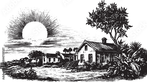 A rural landscape featuring a house, trees, and solar panels under the sun. Vintage vector illustration in a picturesque setting.
